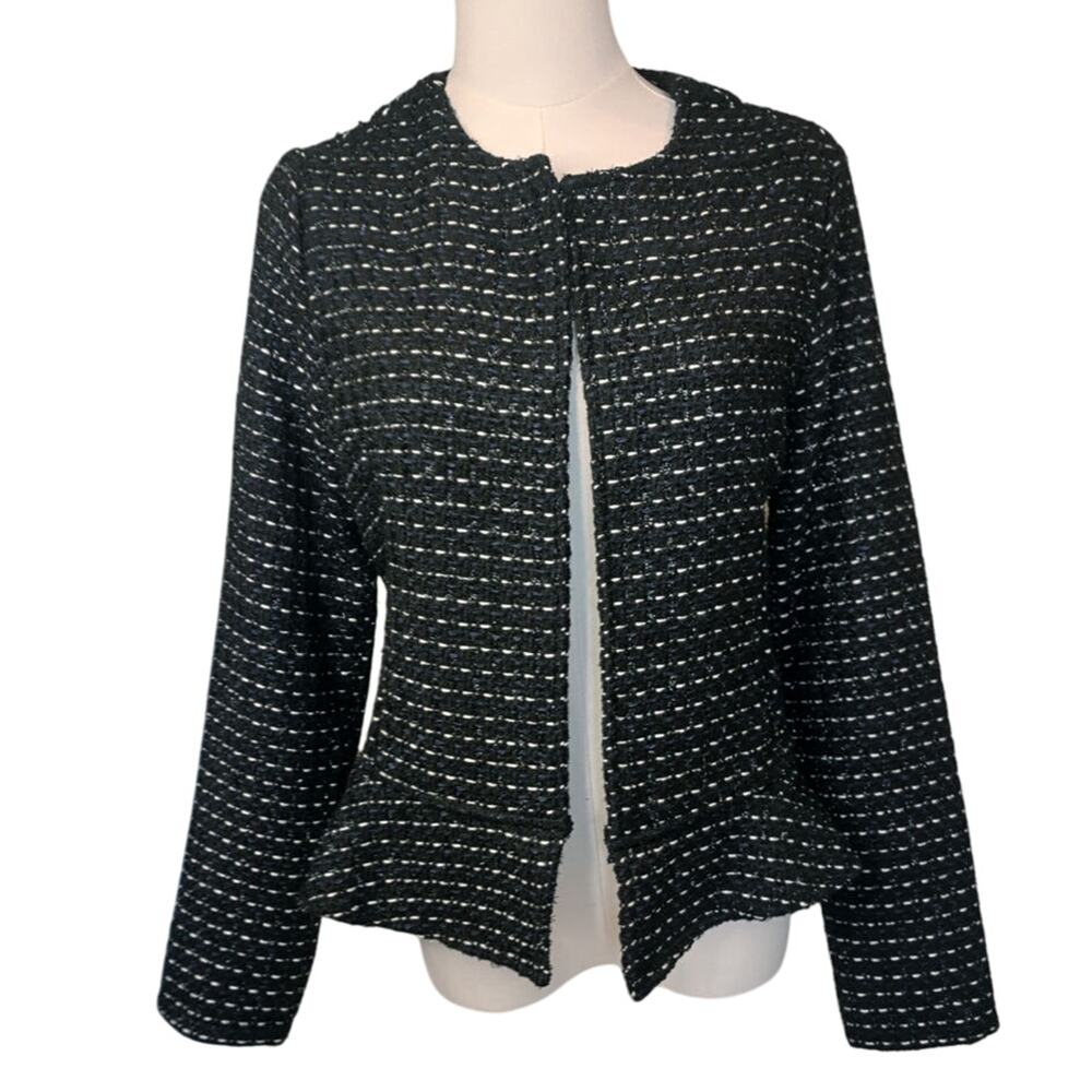 Dolan Tweed Collarless Open Front Jacket with Peplum Black/Blue Size Small